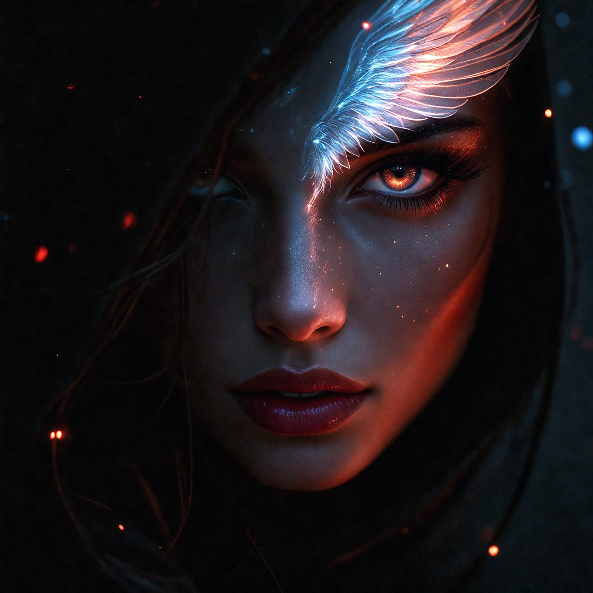 The primary subject of the image is a woman with long hair, wearing a hooded cloak. She has a striking appearance, with her eyes glowing a vibrant blue. The setting is a dark, possibly nighttime, environment, with a backdrop of fire or flames. The visual style of the image is a combination of photo and digital art, creating a unique and captivating portrait. The colors and mood of the image are dramatic and intense, with the woman's glowing eyes and the fire in the background creating a sense of mystery and allure.